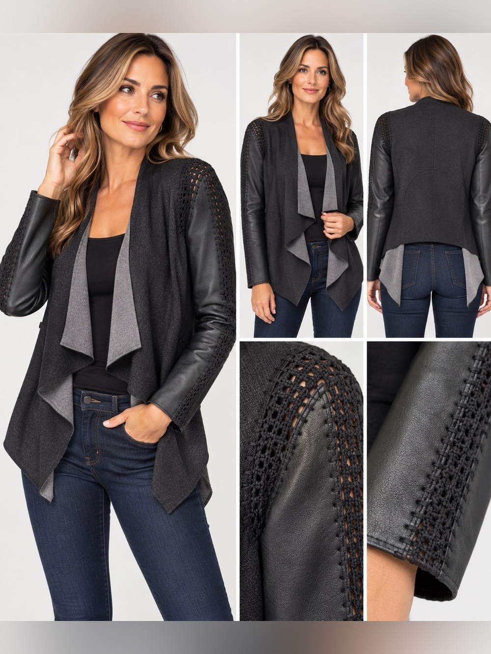Stella & Jamie Medium Black Genuine Leather Mixed Media Draped Jacket